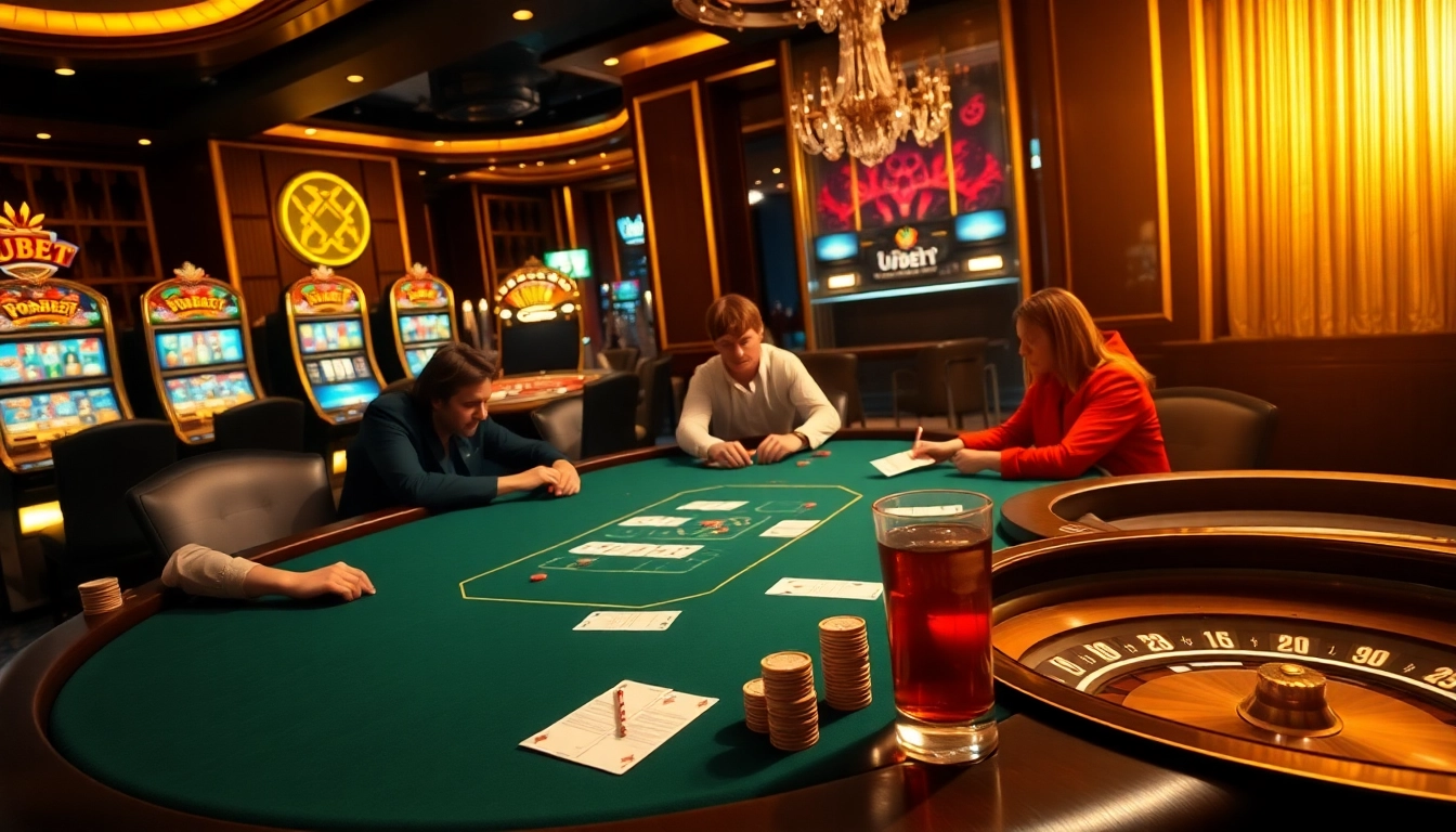 Mubet players strategizing at a high-stakes poker table in a luxurious casino.
