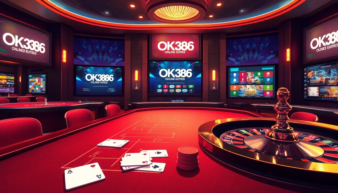 A thrilling gaming scene showcasing an OK8386 casino table with vibrant chips and cards.