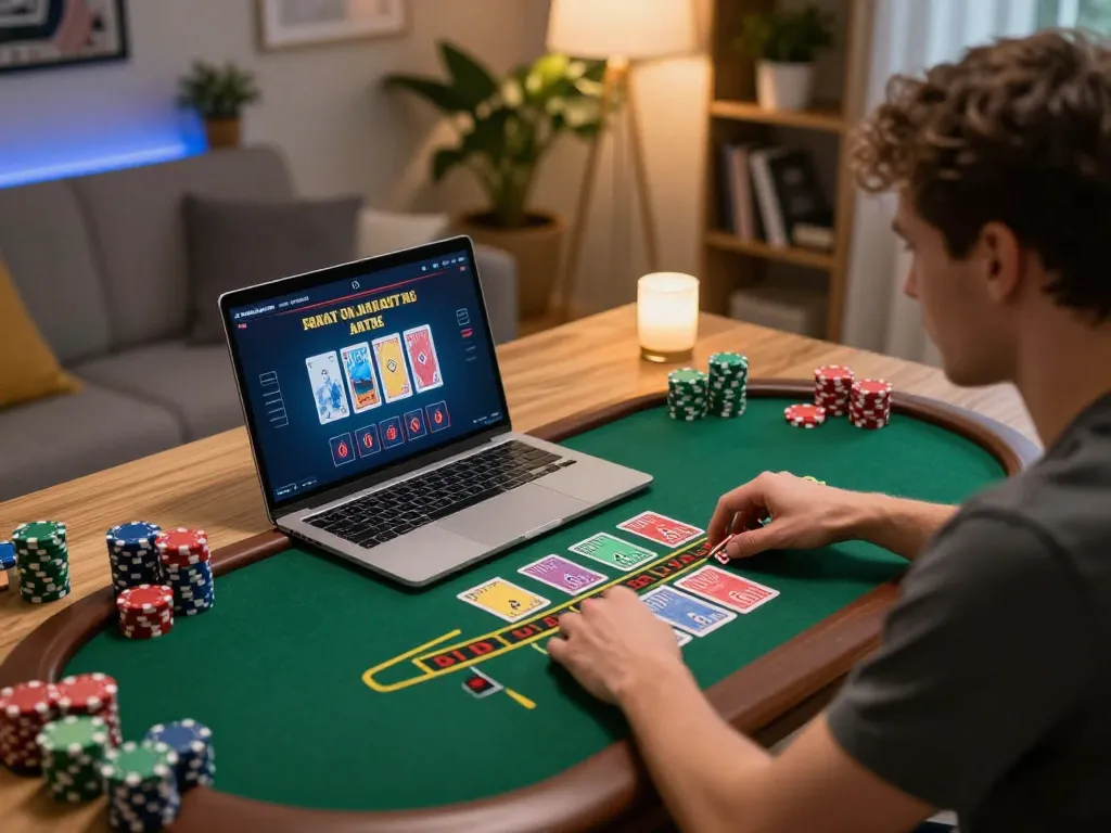 Player participating in KO66 online blackjack game at home, showcasing strategic gameplay and modern setup
