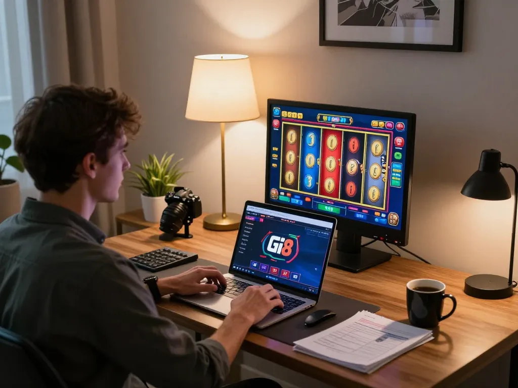 Player enjoying gi8 online casino slot machine in a cozy home setting.