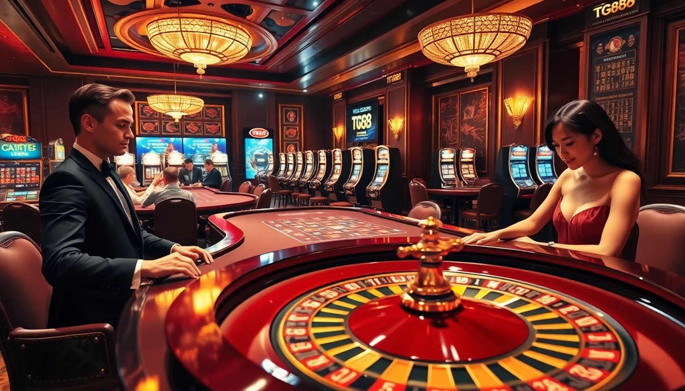 Players engaging in a thrilling game at the TG88 casino, surrounded by luxury and excitement.