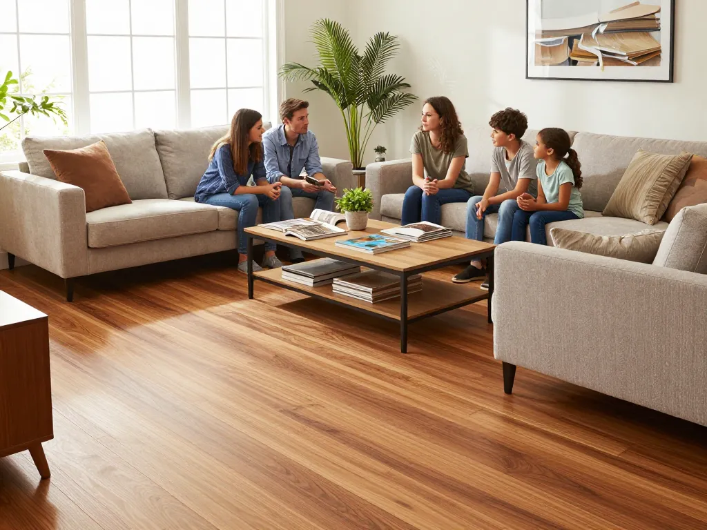 Flooring specialists near me discussing beautiful hardwood flooring in a cozy living room.