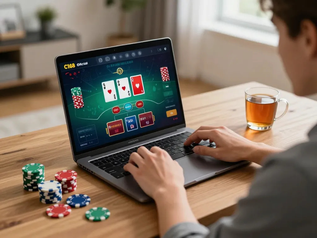 Engaging player enjoying a live dealer blackjack game on their laptop, representing C168 Official’s online gaming experience.