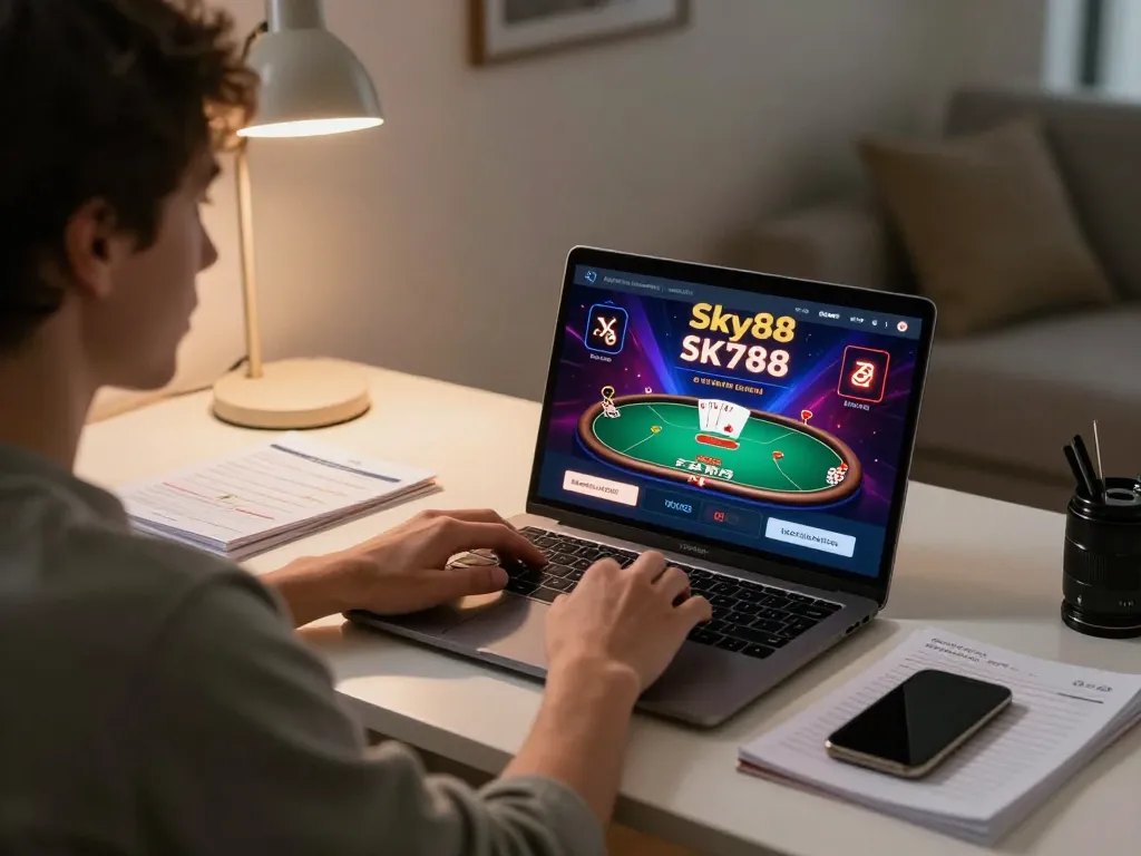 Engaging with the Sky88 online casino interface while practicing smart bankroll management at home.