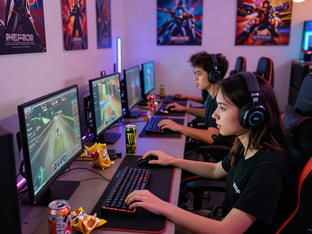 Exciting gaming environment featuring diverse gamers immersed in competitive play at their PCs, showcasing 78win energy.
