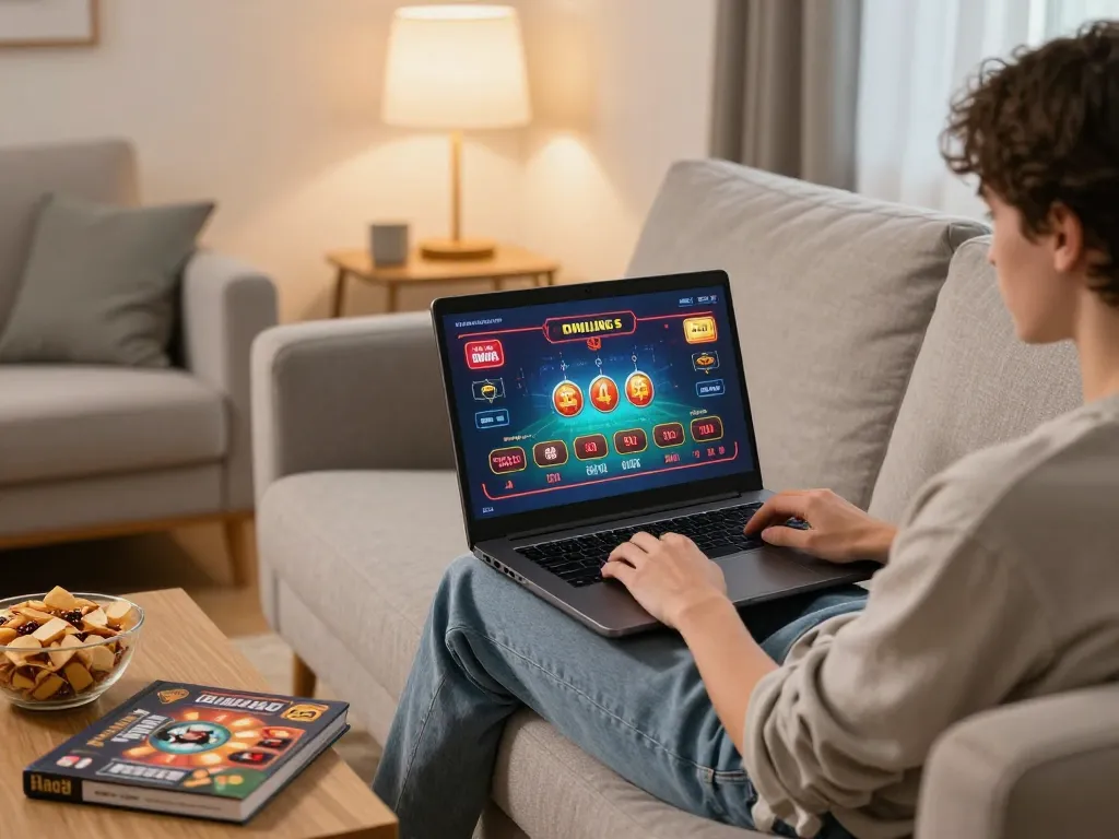 Player engaging in online casino gaming experience with 23win on their laptop, immersed in a comfortable home setting.