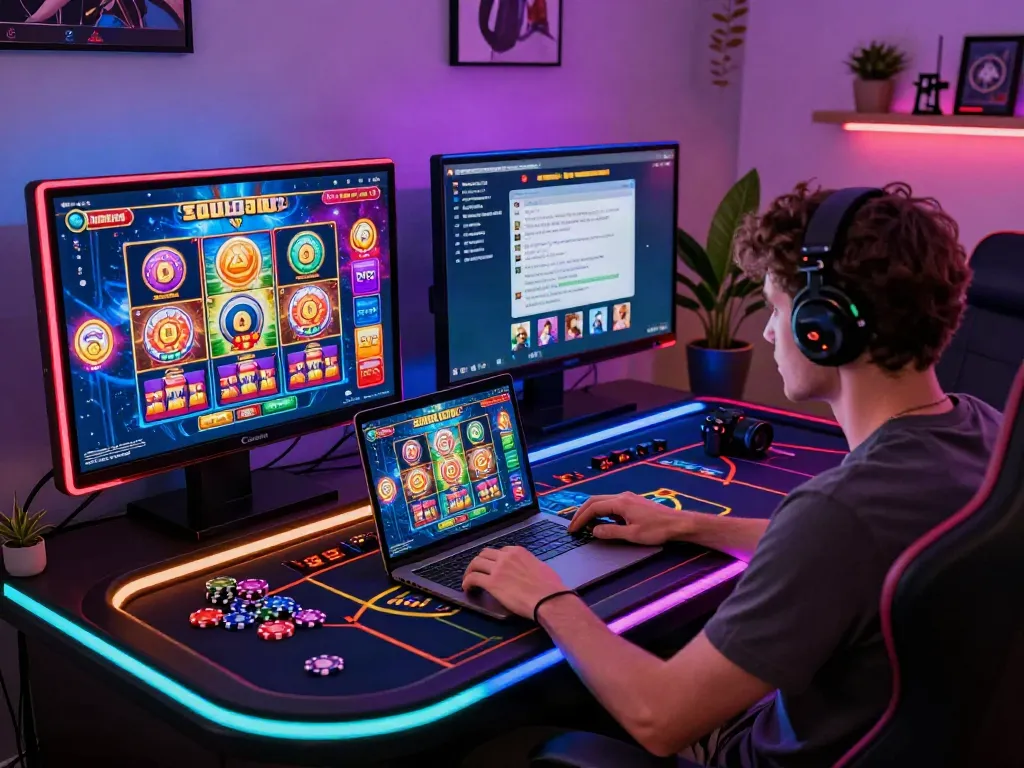 User enjoying a vibrant non GamStop casino game on a laptop, set in a lively gaming space.