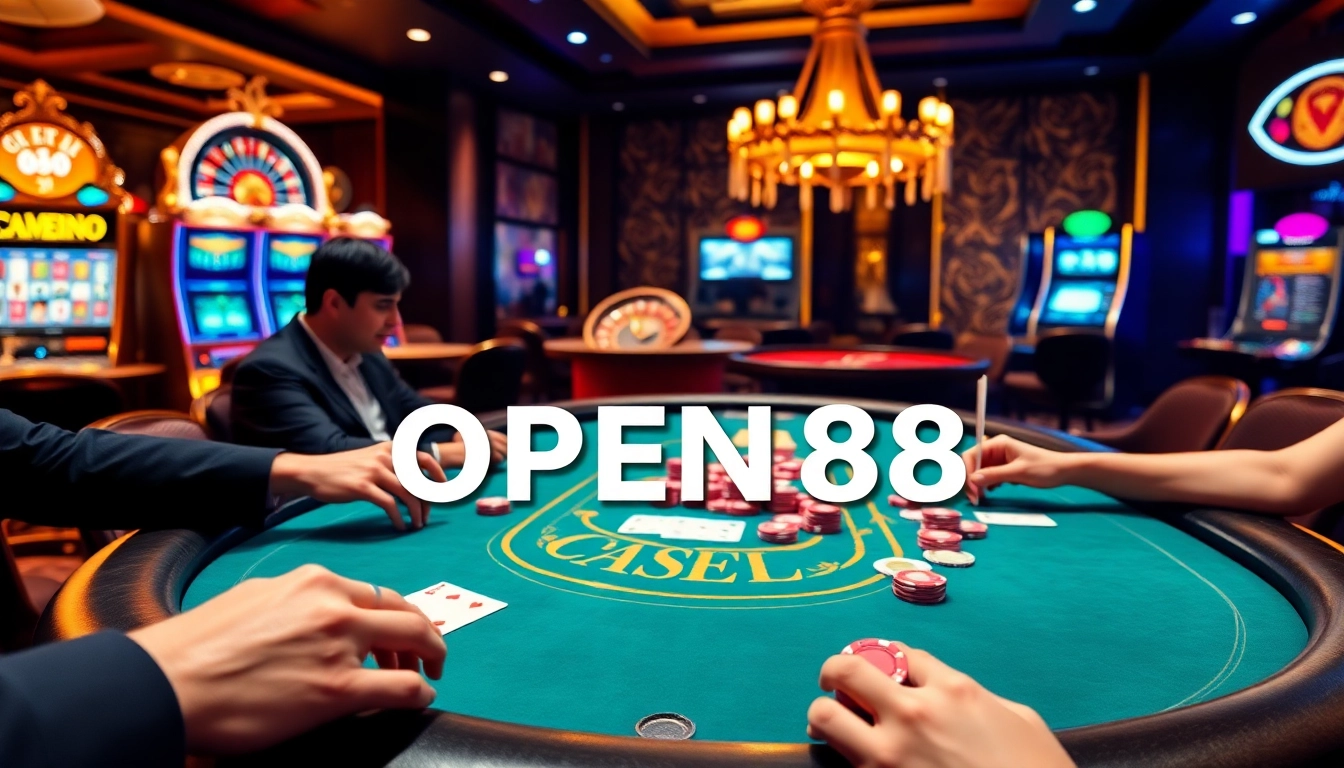 Players enjoying intense poker action at OPEN88, showcasing chips and cards in a luxurious casino setting.