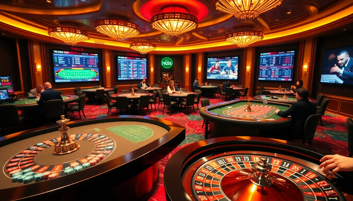 NK88 casino scene featuring vibrant roulette wheels and poker players immersed in gameplay.