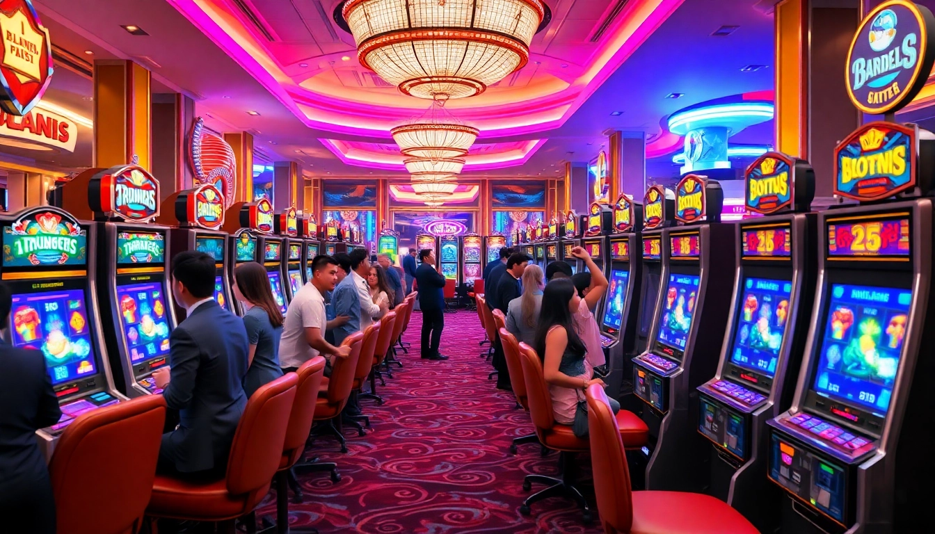 Exciting casino atmosphere at https://mm88.center/ with vibrant slot machines and engaged players.