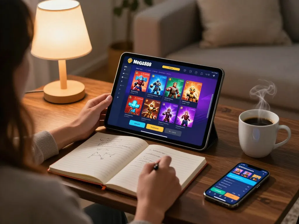 Mega888 online login displayed on tablet in a cozy home setting with strategy notes