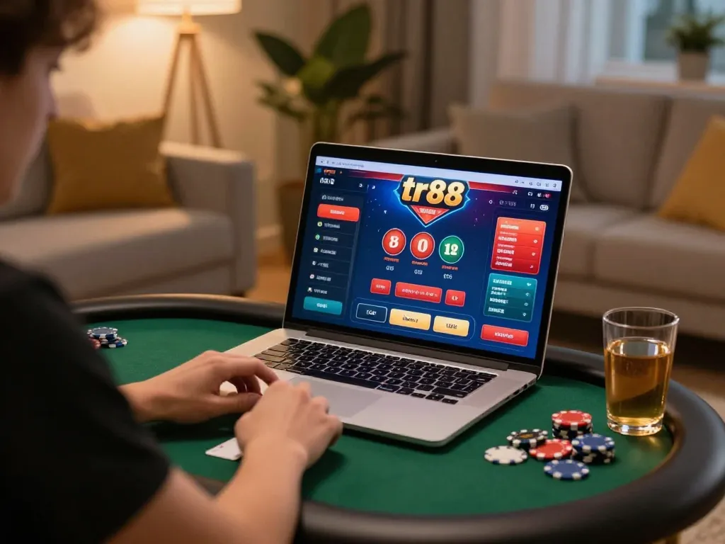 tr88 online poker gaming scene with engaging interface and cozy home setup