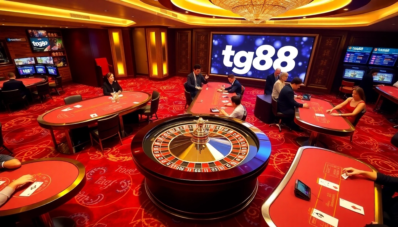 Experience the thrill of tg88 casino gaming with tables, chips, and vibrant roulette wheels.