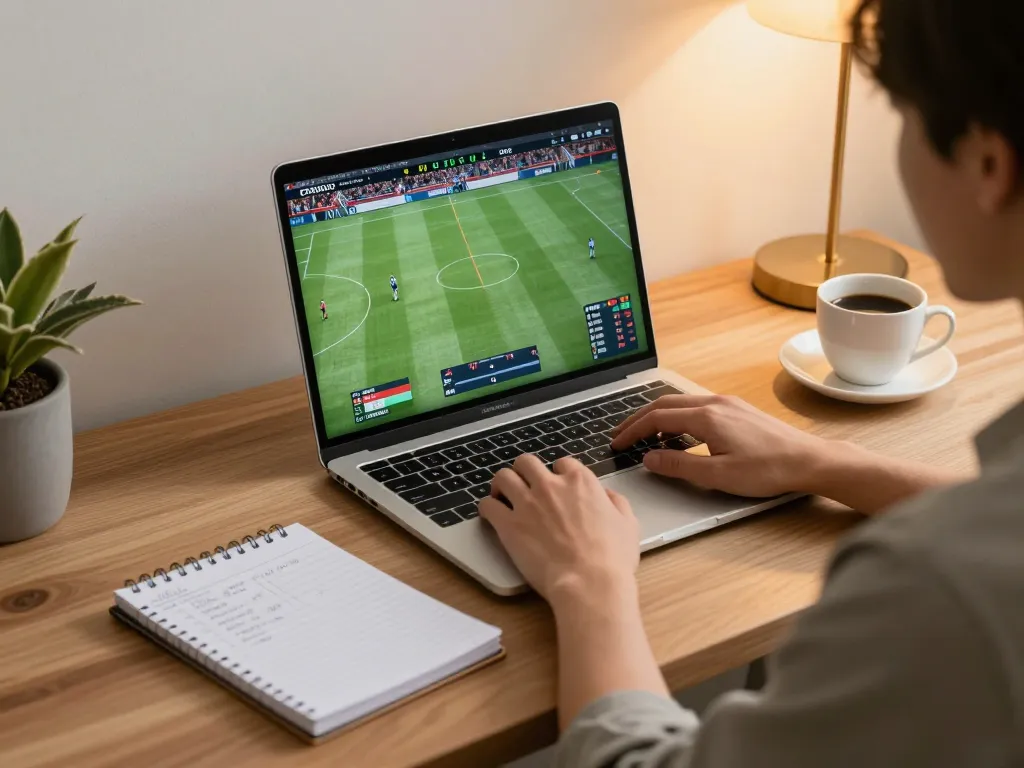 Player analyzing odds and placing bets on jun88 sports betting platform in a cozy home setup