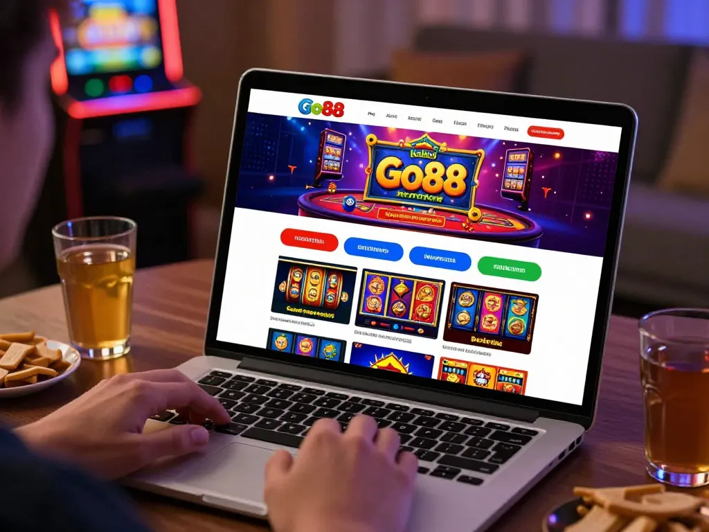 Engaging in online gaming with Go88 on a laptop, showcasing vibrant slots and table games.