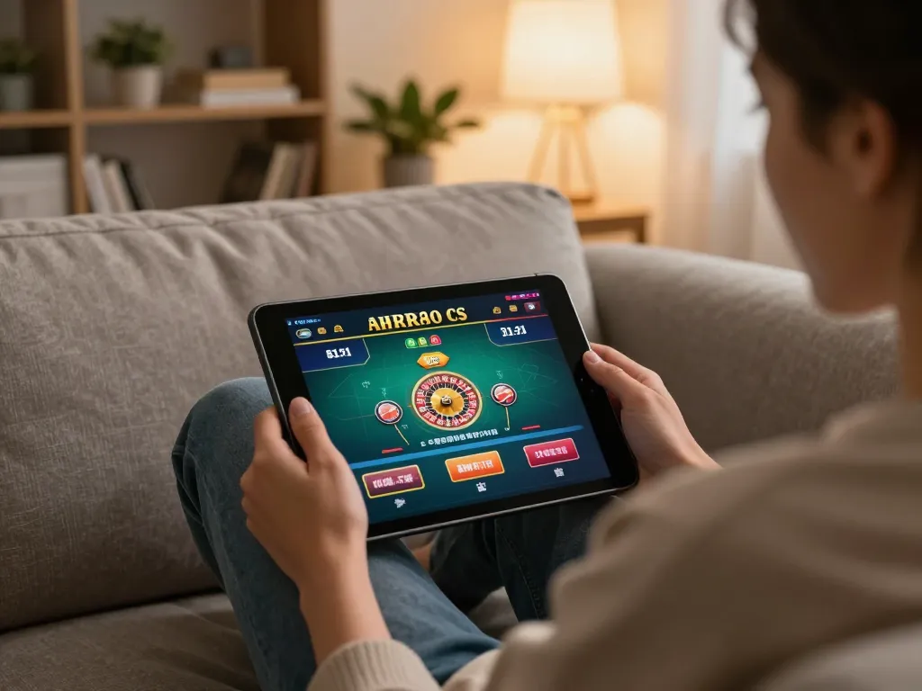Engaging online gaming with fly88mb on tablet in a cozy home setting emphasizing responsible gaming.