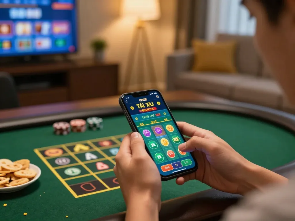 Players enjoying Tài Xỉu online with enthusiastic focus on mobile betting interface in a cozy setting.