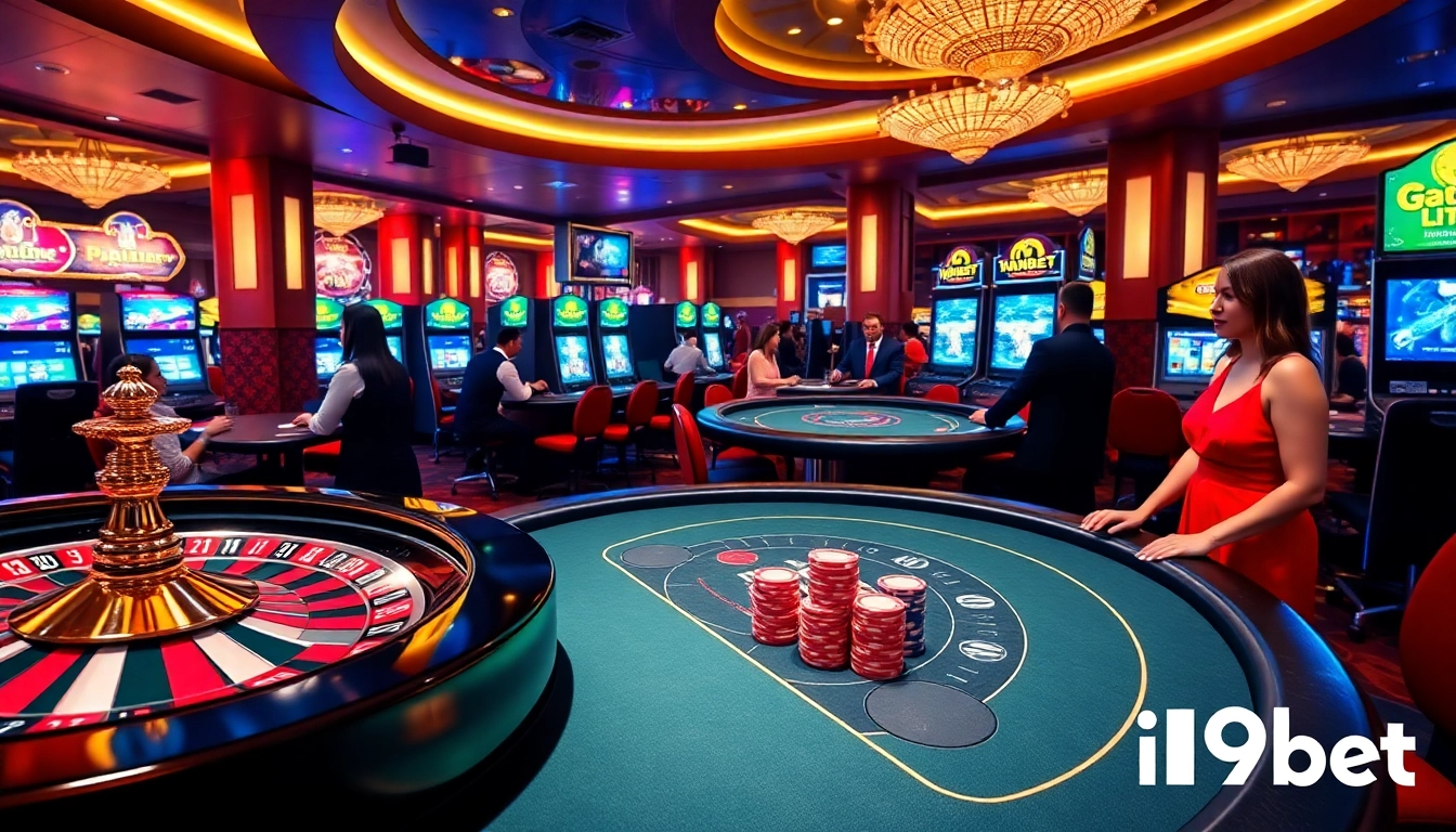 A vibrant casino scene with i9bet branding showcasing exciting roulette and blackjack experiences.