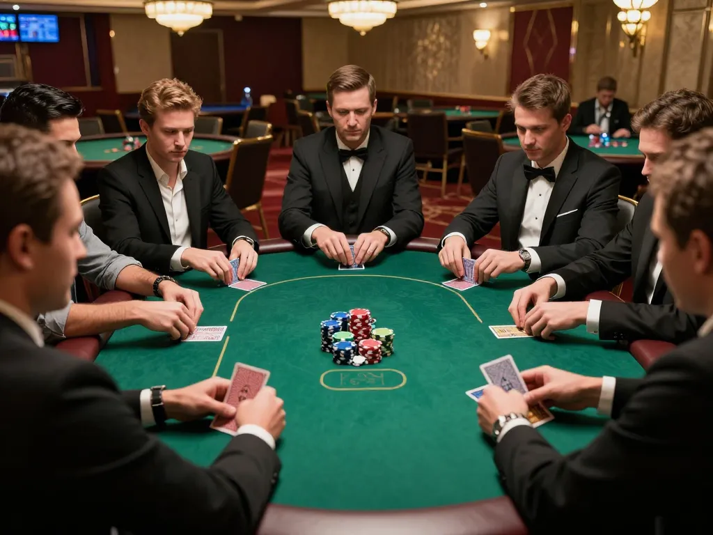 BCX88 poker players engaged in strategic gameplay at an elegant casino table, showcasing competitive tension and vibrant atmosphere.