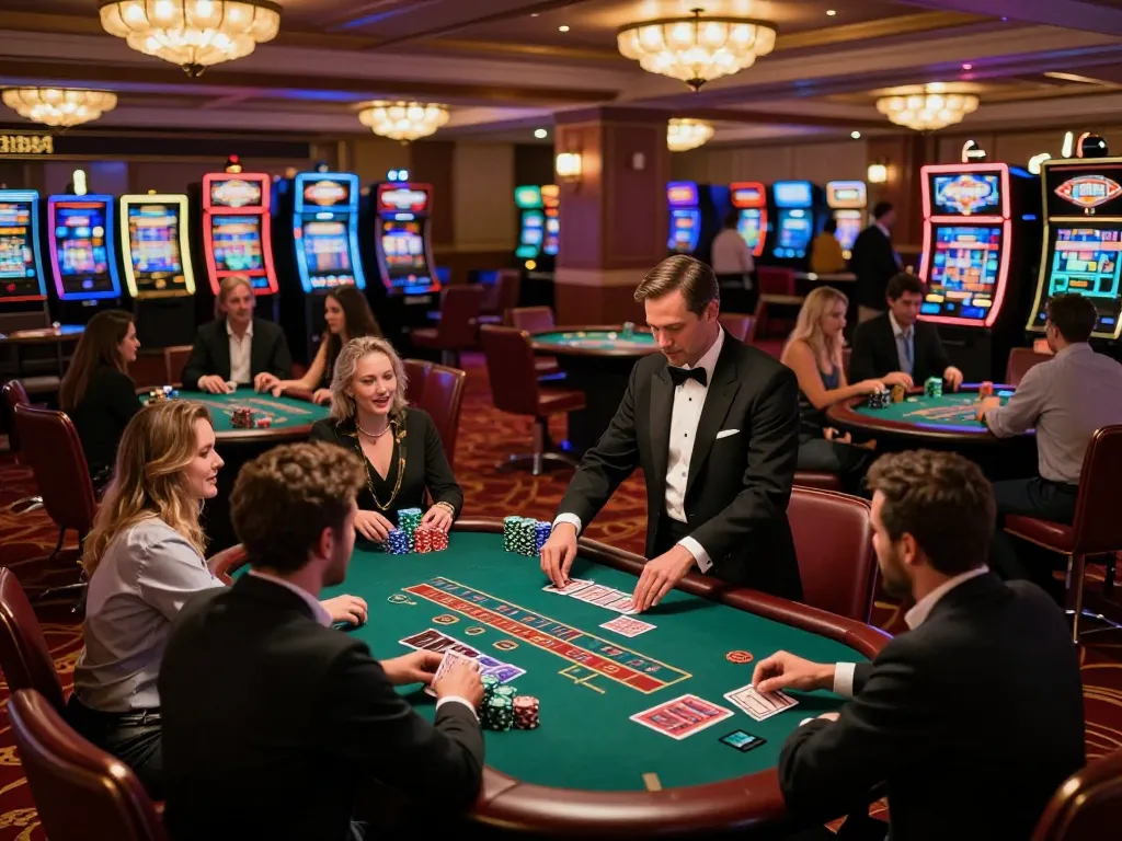 Players enjoying blackjack at LC88 casino, dealer dealing cards in a lively atmosphere