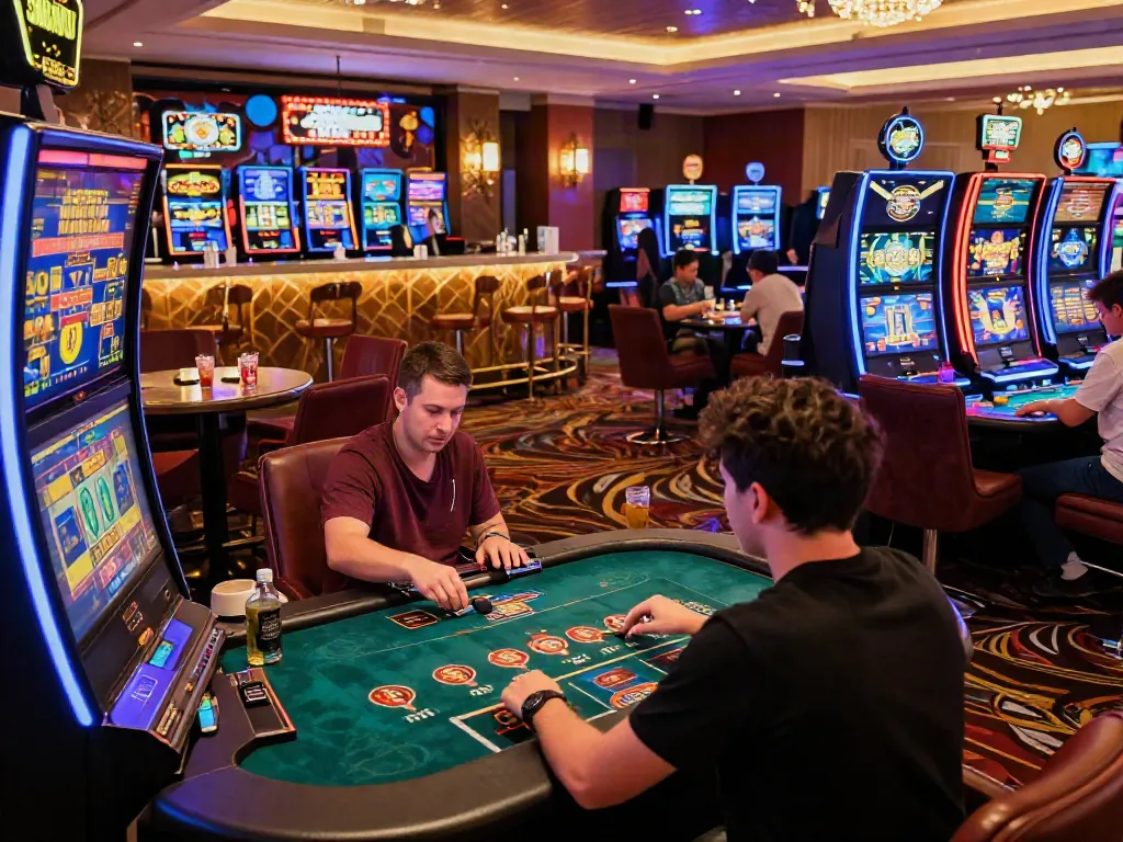 Player enjoying games at a non gamstop casino, vibrant atmosphere with colorful lights.