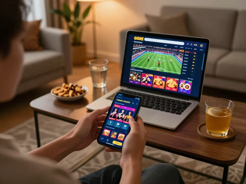 Person engaged with 1GOM betting app on smartphone in a cozy home setting.