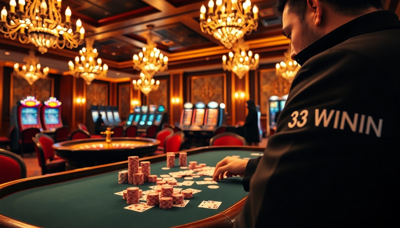 Experience the excitement of 33WIN at a luxurious poker table filled with chips and cards.