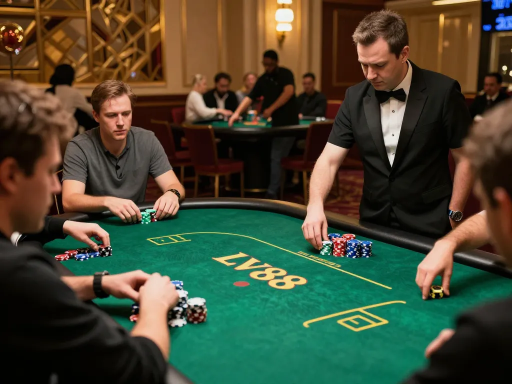 Players strategizing at LV88 poker table during an intense match, showcasing chips and dealer, capturing excitement.