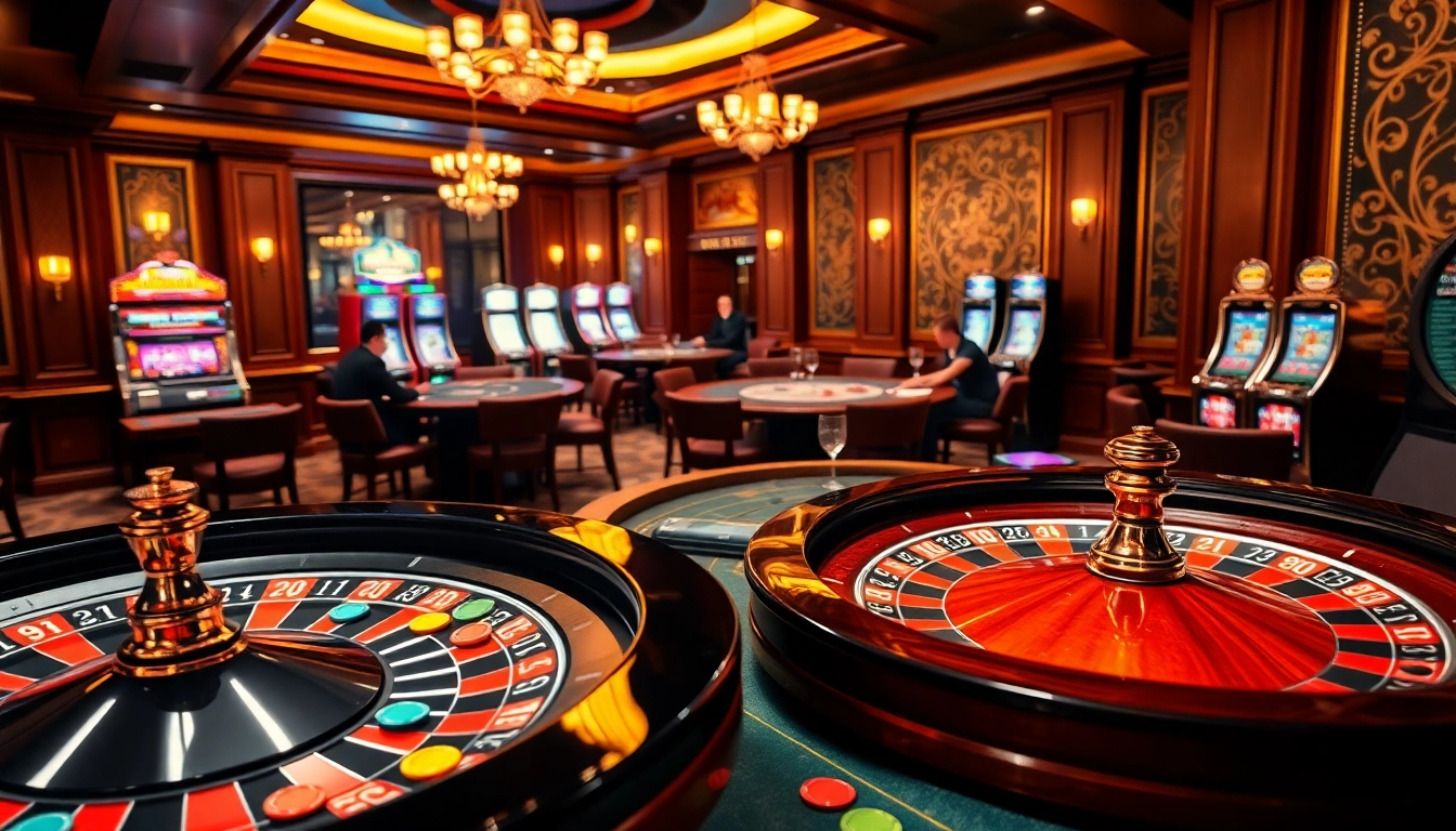 Experience the thrill of winning at 56win with an exciting luxury casino atmosphere, featuring roulette and poker games.