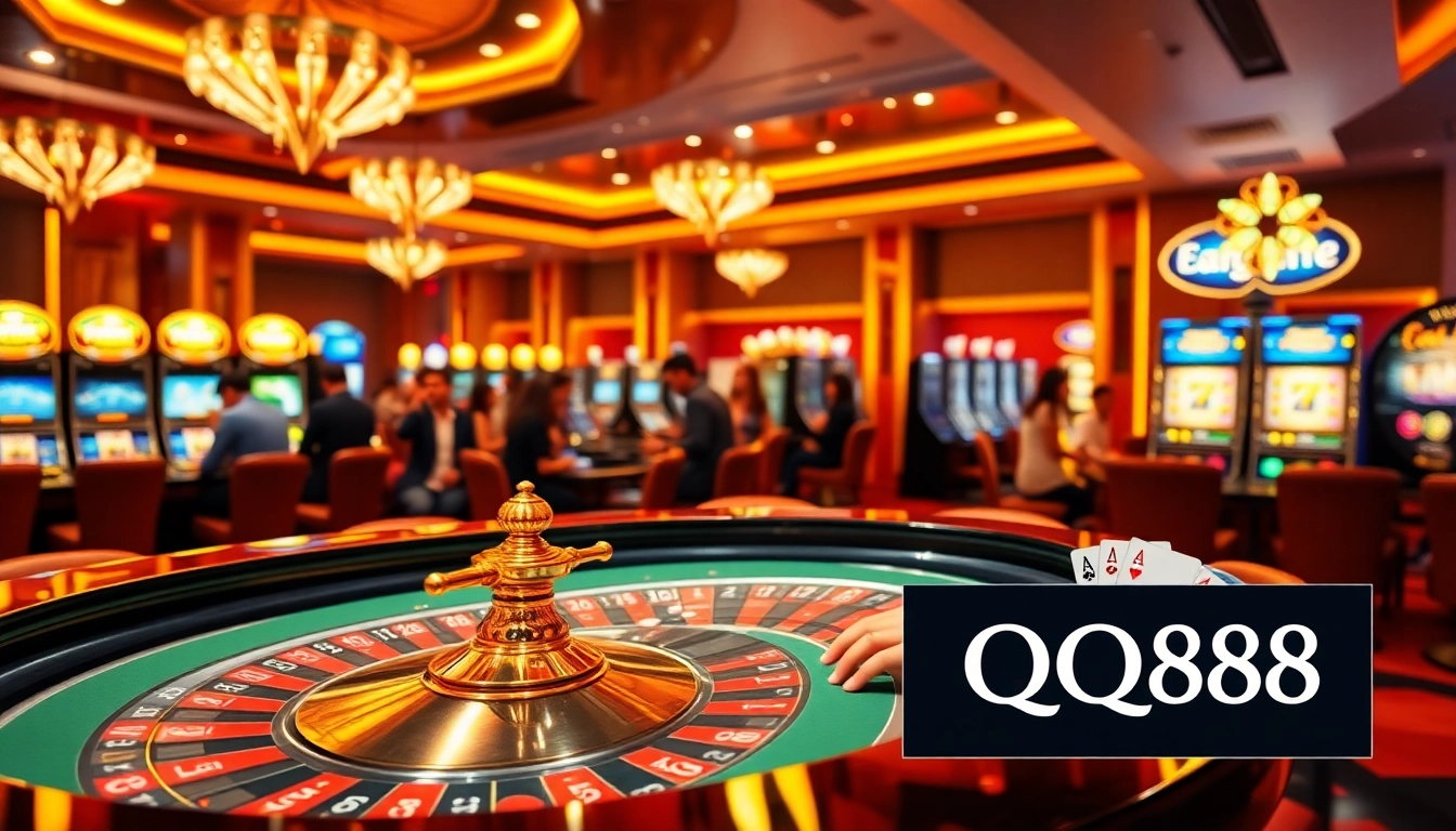 Players enjoying high-stakes action at QQ88 casino, featuring roulette and poker games.