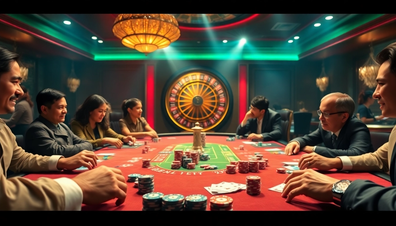 Experience the thrilling atmosphere of Vip88 casino gaming with vibrant poker action and luxurious decor.