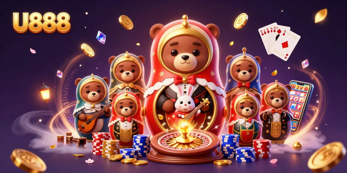 Engage with U888's vibrant 3D casino scene featuring lively characters and dynamic game elements.