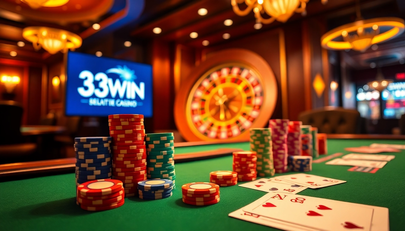 Play poker and win big with 33WIN at an upscale casino table.