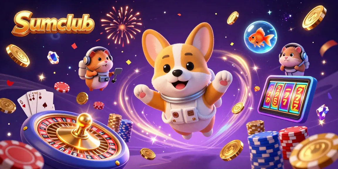 Experience exhilarating gaming at Sumclub with vibrant visuals of floating coins and fun characters.