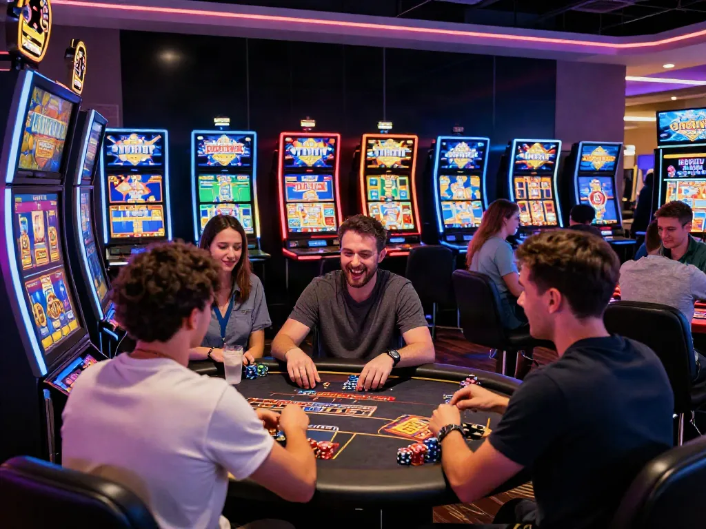 Excited players at a non GamStop casino enjoying games in a vibrant atmosphere.