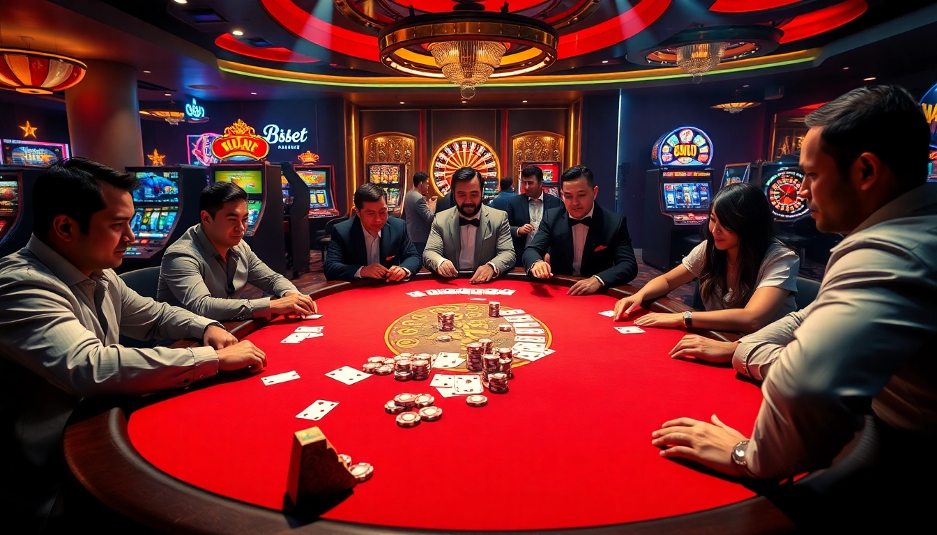 Players enjoying a high-stakes poker game at 8kbet casino, with vibrant casino elements in the background.