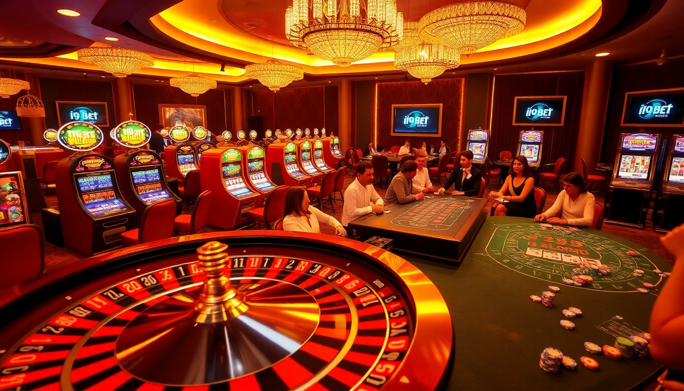 I9 BET players enjoying a thrilling casino experience with roulette, poker tables, and vibrant slot machines.