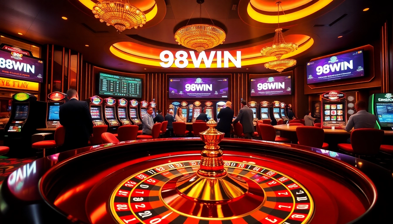 Exciting casino atmosphere showcasing 98WIN roulette table and vibrant gaming elements.