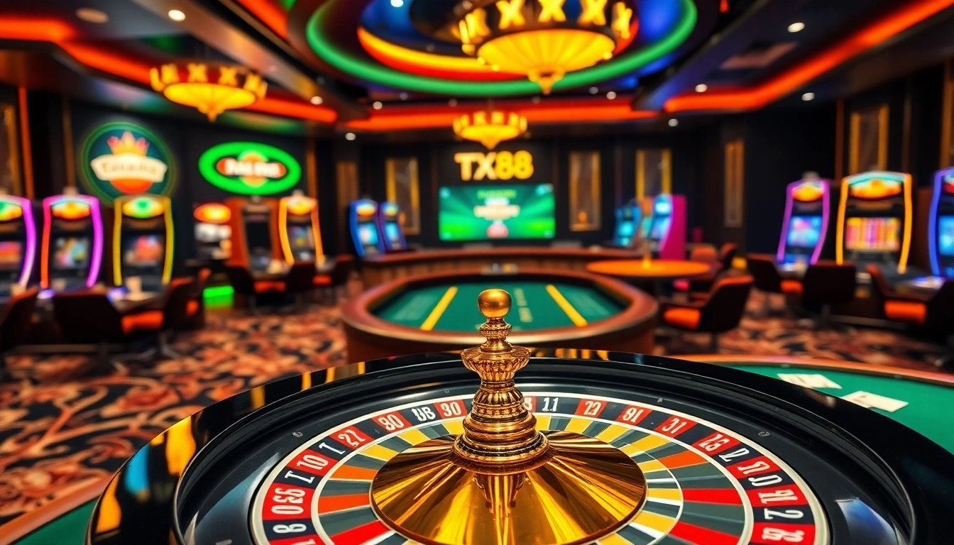 Engaging TX88 online betting scene with poker table, roulette, and vibrant casino ambiance.
