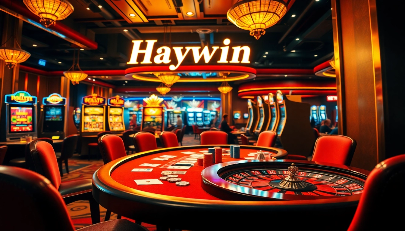 Players enjoy a dynamic poker game at Haywin casino, surrounded by vibrant gaming elements.