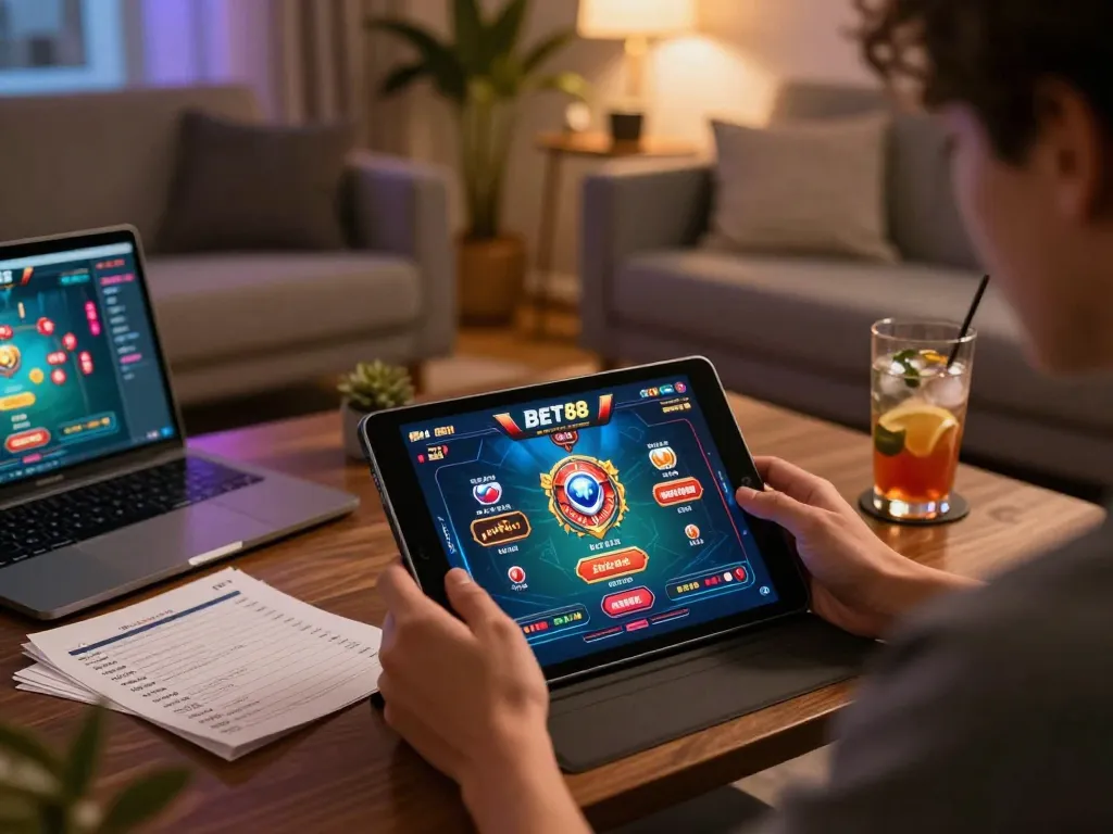 Engaging in strategic gameplay at home with BET88's online casino interface.