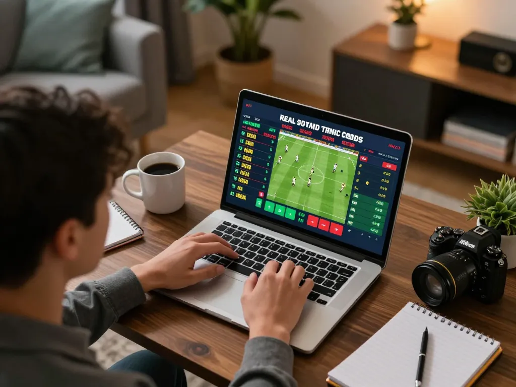 Engaged bettor analyzing real-time odds on nhandinhkeonhacai in cozy home setting during football match.