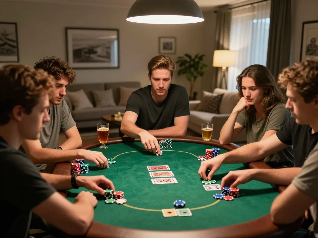 Engaged players enjoy Texas Hold'em at a poker night, showcasing vebotv for an exciting gaming experience.