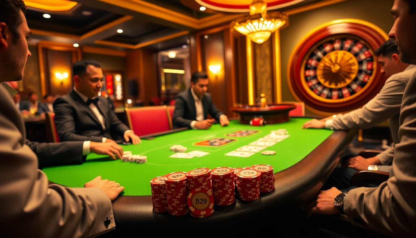 Experience thrilling gameplay with B29 casino chips and cards at a luxurious poker table.