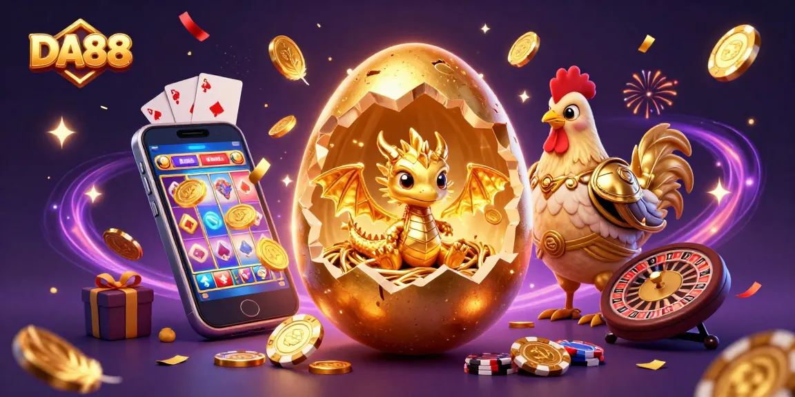 Experience DA88 magic as a golden dragon emerges from a cracking egg surrounded by poker chips and casino elements.