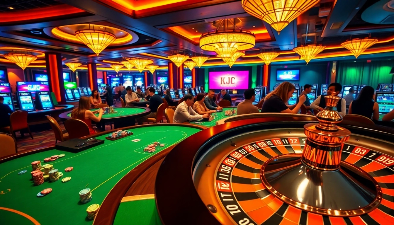 Experience the thrill of gambling at liên minh kjc with vibrant casino gameplay, poker chips, and roulette wheels.