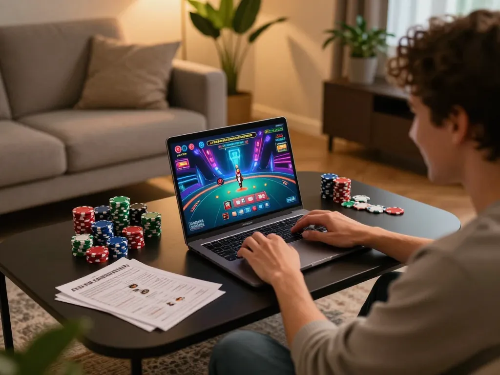 Luck8 player immersed in online gaming experience at home with vibrant casino graphics on screen.
