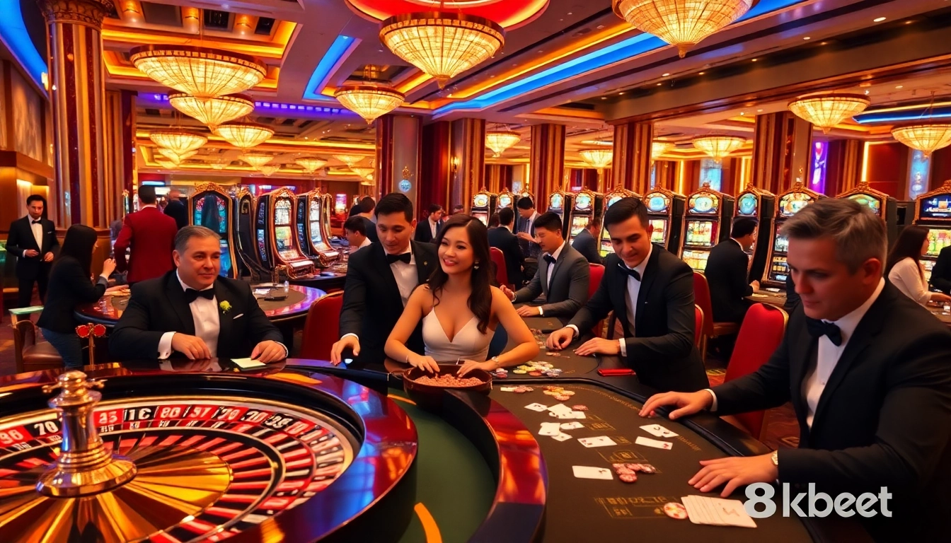 Players enjoying an exciting gaming experience with 8kbet at a luxurious casino.