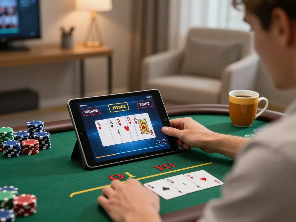 Player engaging in rikvip online poker on tablet, set in a cozy home environment with ambient lighting.
