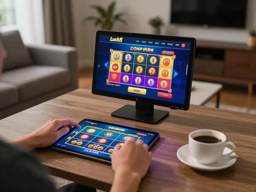 Player enjoying an online Luck8 casino game on a tablet at home, illustrating a cozy gaming session.
